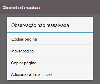 O menu Nota no OneNote para Android