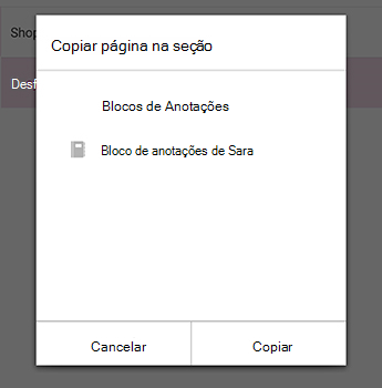 O menu Copiar Página no OneNote para Android