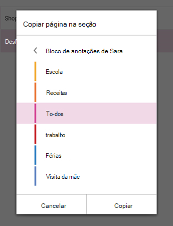 O menu Copiar Página para Secção no OneNote para Android