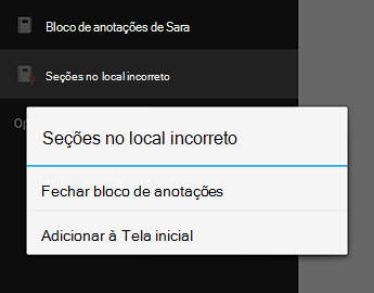 O comando Fechar Bloco de Notas no OneNote para Android