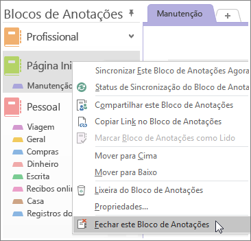 Captura de tela de como fechar um bloco de anotações no OneNote 2016.