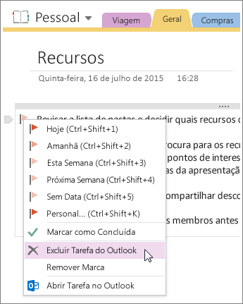 Captura de tela de como excluir uma tarefa do Outlook no OneNote 2016.