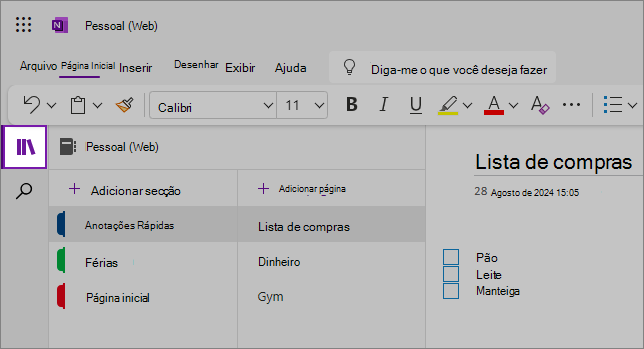 Exibição da interface do usuário da Web do OneNote mostrando a área de conteúdo