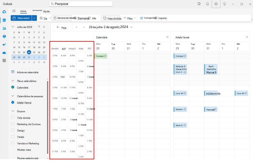 Captura de ecrã que mostra a adição de múltiplos fusos horários no calendário