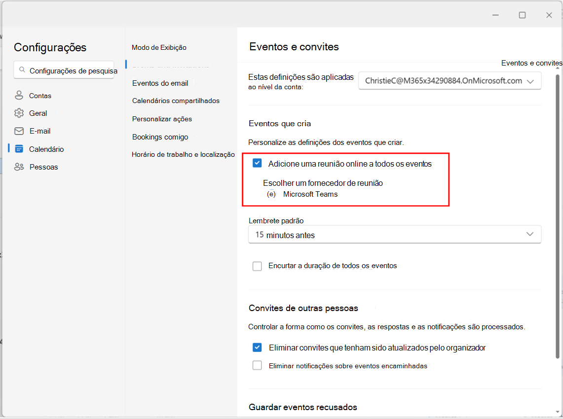 Captura de ecrã a mostrar a opção Ativar ou desativar Adicionar uma reunião online a todas as reuniões