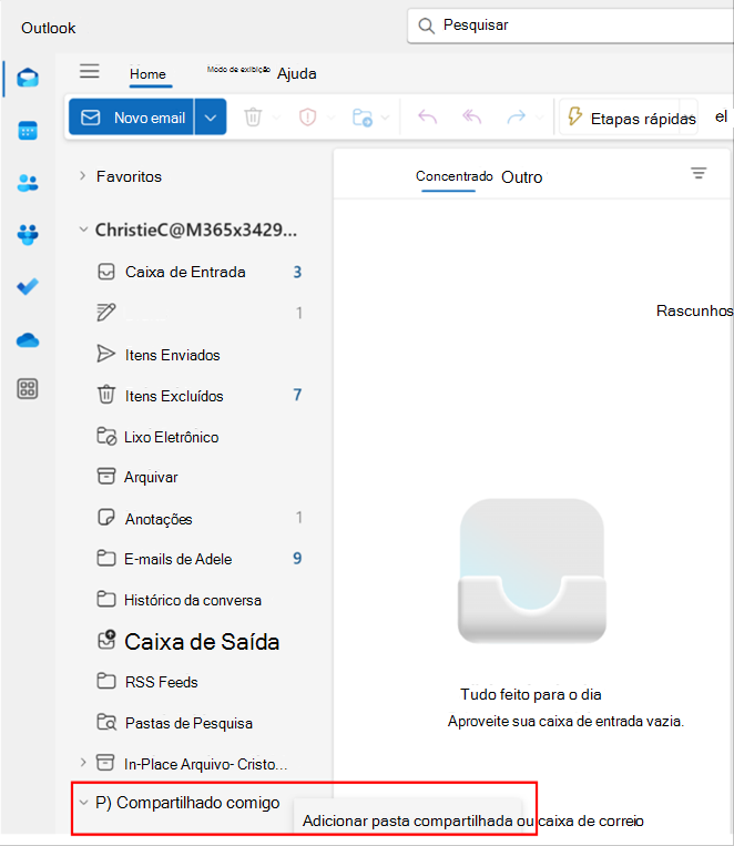 Captura de tela de pop-up no Outlook para adicionar uma pasta compartilhada ou caixa de correio