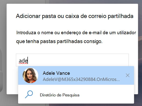 Captura de tela sobre Compartilhado comigo para adicionar uma pasta ou caixa de correio compartilhada