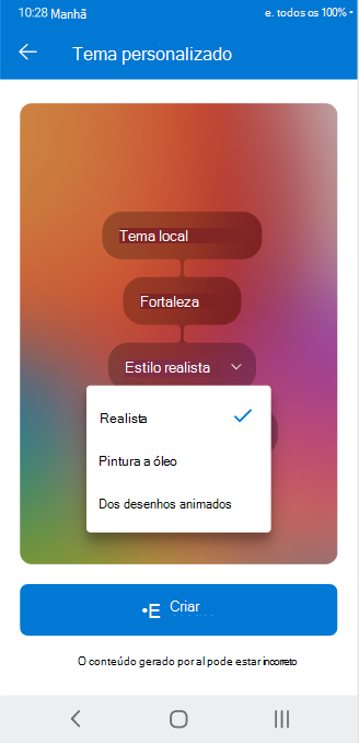 Um ecrã a mostrar o seletor de lista pendente utilizado para ajustar os atributos configuráveis de um tema personalizado no Outlook para Android