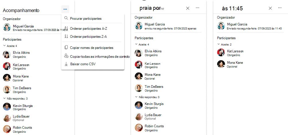 Captura de ecrã da opção copiar e exportar participantes de reuniões