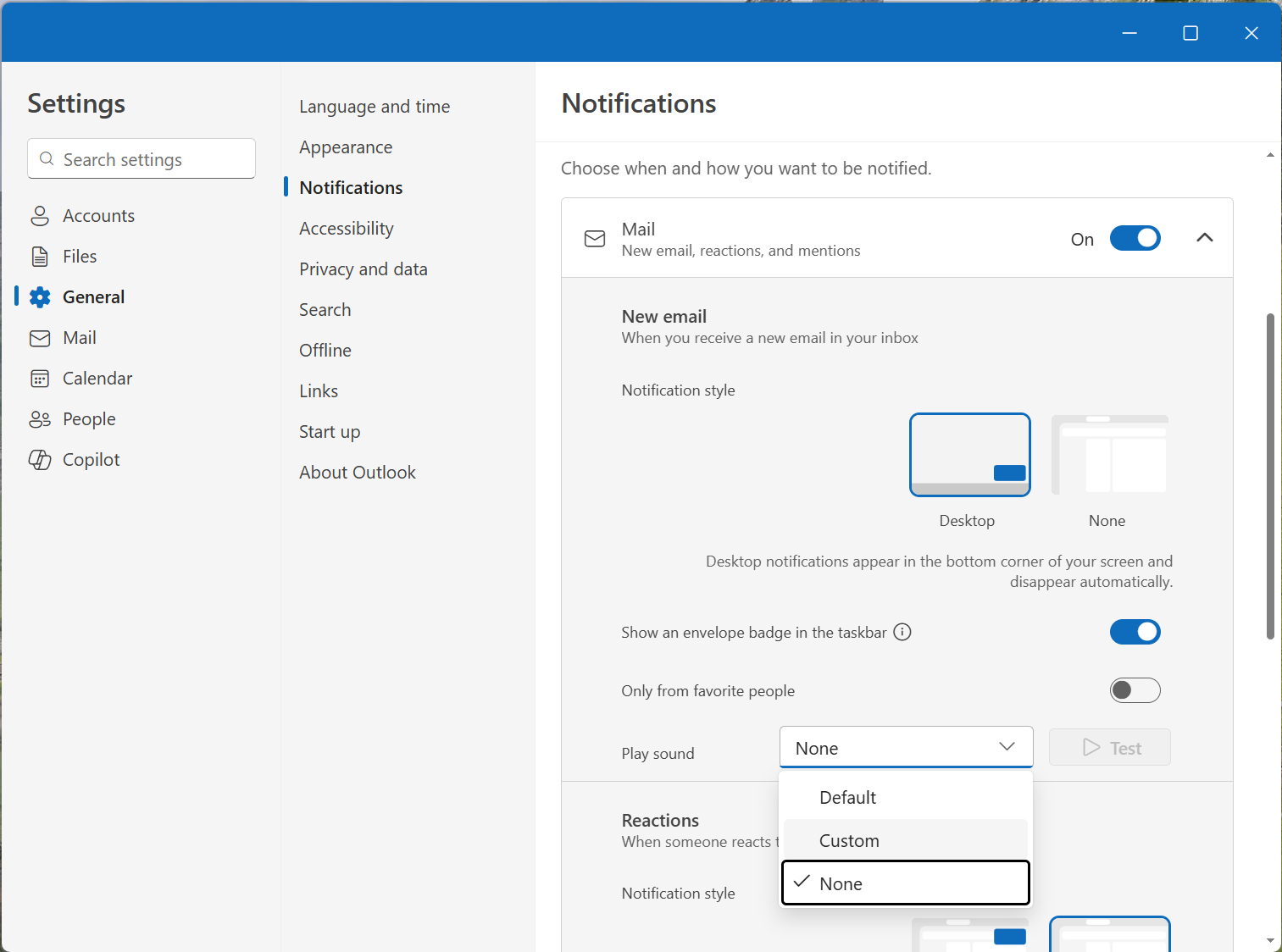 Selecione som de notificação em Configurações de notificações de email e Calendar.
