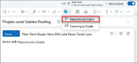 Opção de menu pendente Rascunho com Copilot no Novo Outlook