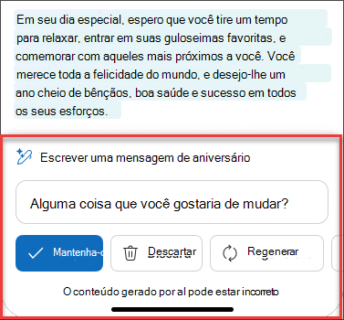 Alguns Após consideração cuidadosa, texto do rascunho de email usando o Copilot no iOS e Android