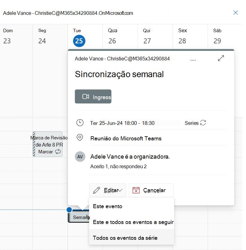 Captura de ecrã a mostrar a edição de eventos em séries