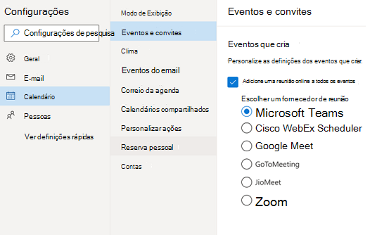 Outlook na Web - selecione o provedor de reunião online padrão