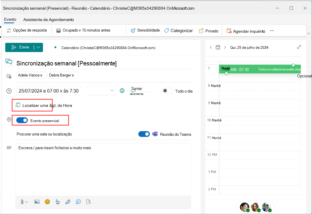 captura de tela que mostra a opção localizar um horário ao agendar uma reunião no novo Outlook