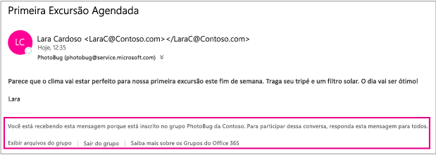 Todos os emails que os membros do grupo enviam aos convidados incluem um rodapé com instruções e links