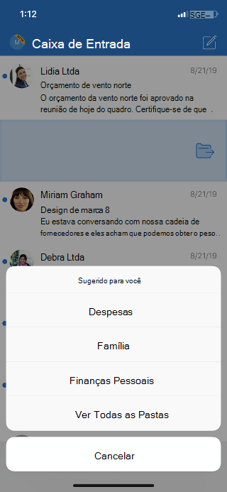 Mostra uma caixa de entrada com uma lista de opções de pasta e uma opção para ver todas as pastas.