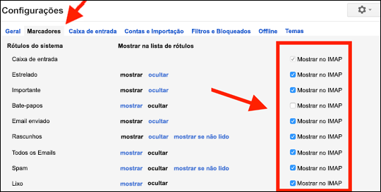 As configurações do Google para permitir que as pastas funcionem no Outlook Mobile.