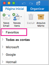 Favoritos fica na parte superior da lista de pastas na barra lateral