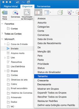 Classifique seus emails de maneiras diferentes clicando em Organizar > , Organizar por > e selecionando a lista de opções