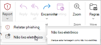 Você pode usar o botão Relatório > Não Lixo para restaurar uma mensagem da pasta Junk Email e, em seguida, dizer ao Outlook para parar de enviar mensagens desse remetente para a pasta Junk Email.