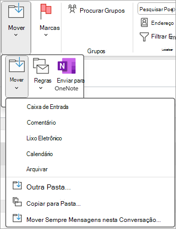 Selecione um item excluído que você deseja restaurar e use o botão Mover na faixa de opções para movê-lo para outra pasta.