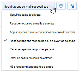 A lista suspensa mostrará suas seguintes opções: siga na caixa de entrada, siga apenas emails específicos na caixa de entrada ou pare de seguir na caixa de entrada.