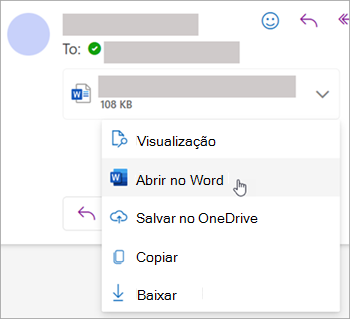 Captura de tela mostrando a lista suspensa para abrir um anexo no Word