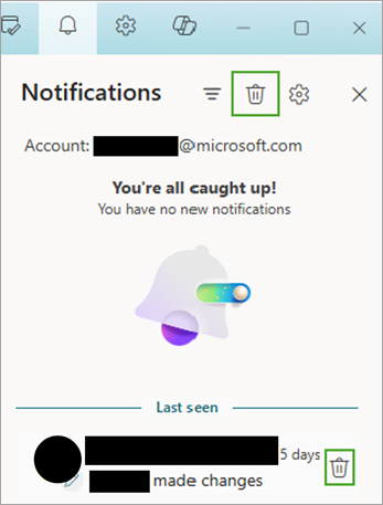 Utilize o ícone de notificações e, em seguida, selecione Eliminar para mover notificações