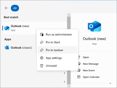 Captura de tela mostrando o Outlook em Iniciar com Fixar na barra de tarefas