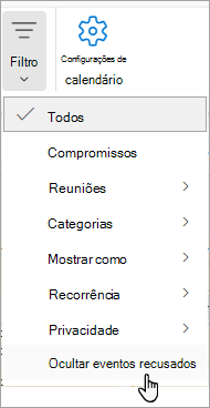 Captura de ecrã a mostrar a opção Filtrar no Calendar a mostrar Ocultar eventos recusados no menu pendente