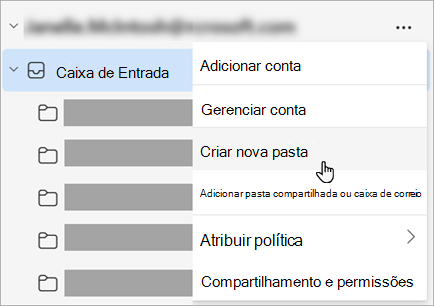 Captura de ecrã da opção Criar nova pasta selecionada no menu Mais opções no painel de pastas