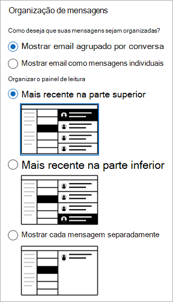 Captura de tela do Painel de Leitura do Email de Configurações >> mostrando a seção Organização de mensagens.