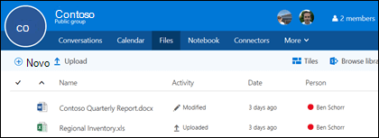 Clique em Files em seu grupo de Office 365 para ver a lista de arquivos e pastas armazenados em seu grupo