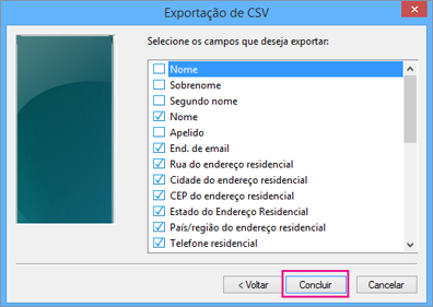 Escolha os campos que deseja exportar para o arquivo .csv e escolha Concluir.