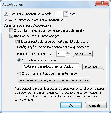 Caixa de diálogo de configurações de AutoArquivar