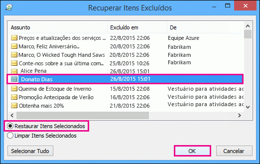 Selecione um contato para restaurar e clique em OK