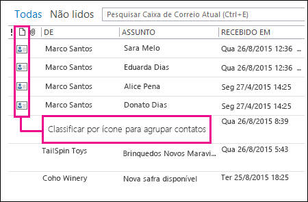 Classificar por ícone para agrupar contatos na pasta Itens Excluídos