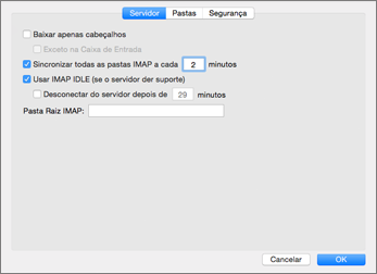 Configurações do servidor de conta IMAP do Outlook 2016 para Mac