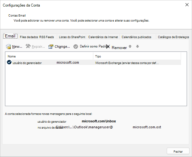 Escolha um nome na caixa de diálogo Configurações da Conta, Contas de Email.