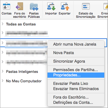 Mostra o menu de contexto de uma pasta do Exchange com Propriedades selecionada