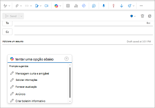 Mostra a página de correio do Novo Outlook com uma janela de aviso aberta onde normalmente começa a escrever o seu e-mail.