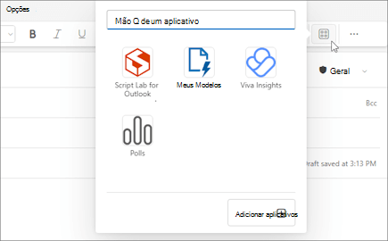 O menu de sobrevoo aplicativos da faixa de opções de uma mensagem que está sendo composta em Outlook na Web e no novo Outlook para Windows.