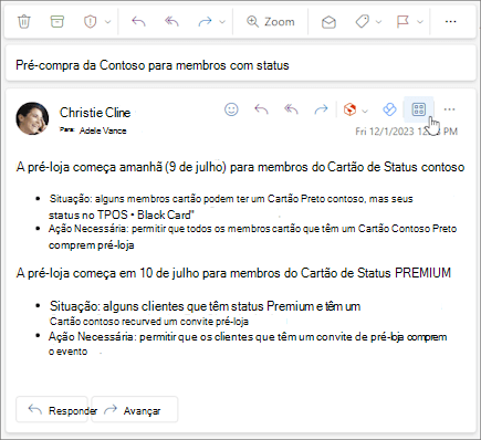 O ícone Aplicativos na barra de ação de uma mensagem no Outlook na Web e no novo Outlook para Windows.