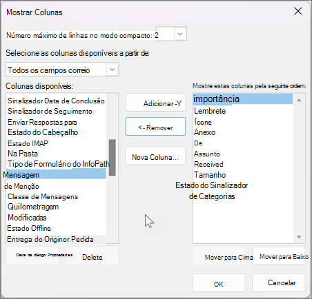 Exibir configurações para colunas no Outlook