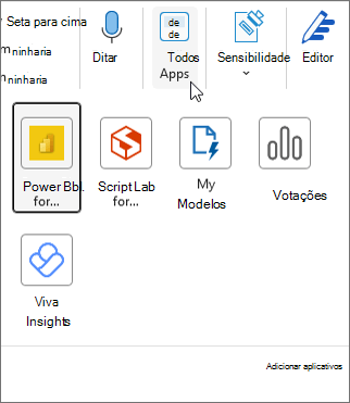 O menu de opções Todas as Aplicações no Outlook para Windows.