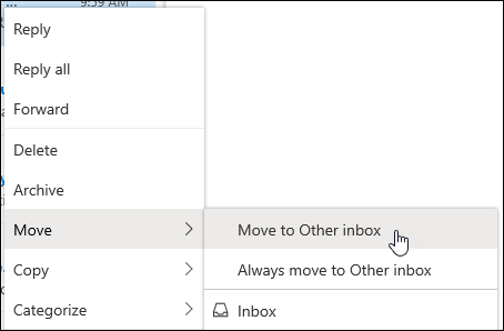 Uma captura de ecrã mostra o menu de contexto com as opções Mover para Outra caixa de entrada e Mover sempre para a caixa de entrada Outro.