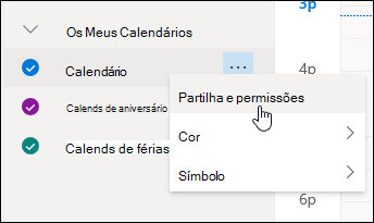Uma captura de tela do cursor focalizando Compartilhamento e permissões no menu de contexto do calendário