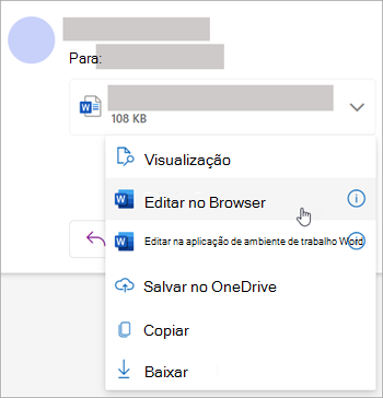 Captura de ecrã a mostrar o menu pendente de anexos com a opção Editar no browser selecionada