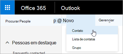Uma captura de tela do menu de contexto do botão Novo, com Contato selecionado.
